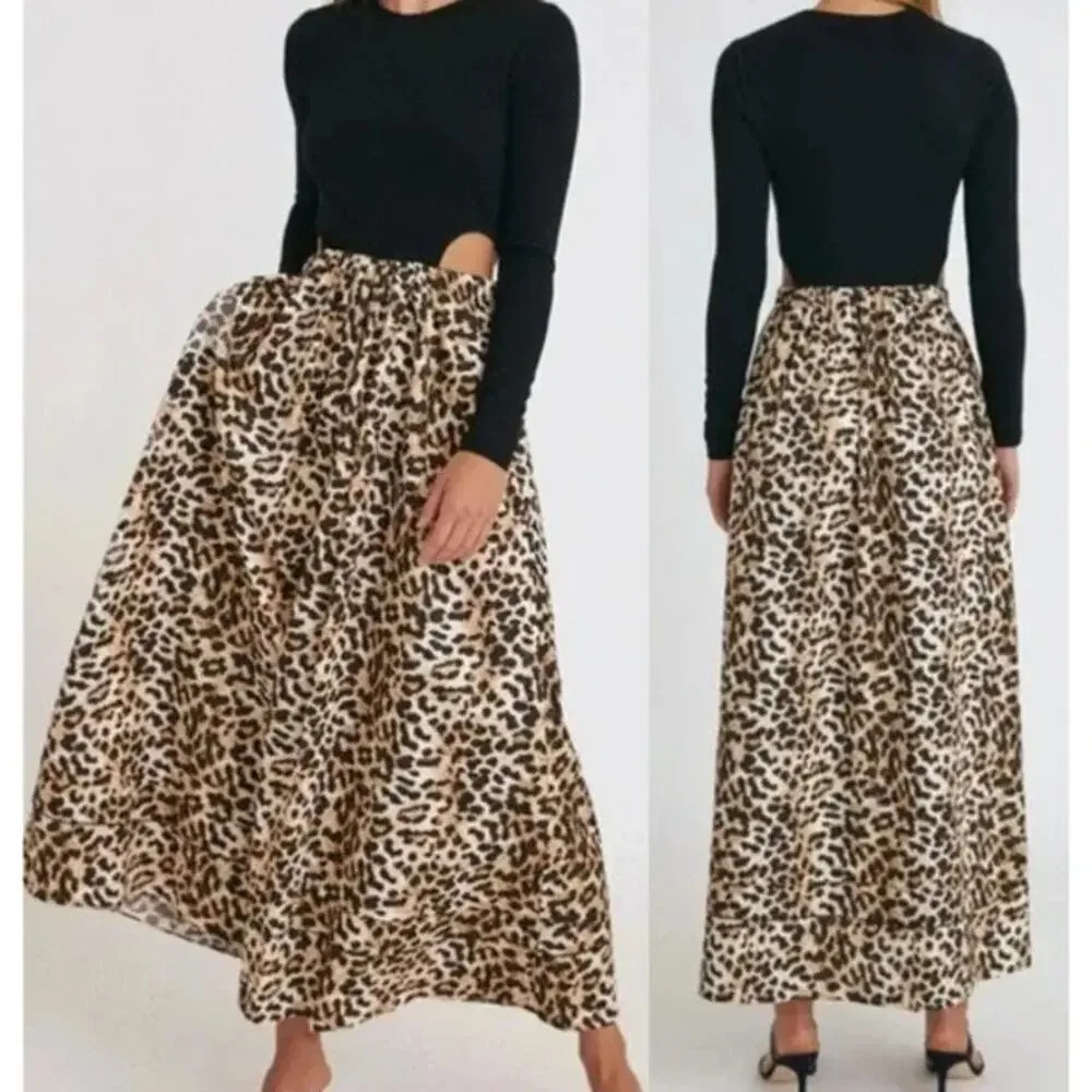 SOMETHING NAVY Tara Long Sleeve Cut Out Leopard Print Maxi Dress Black/Brown S